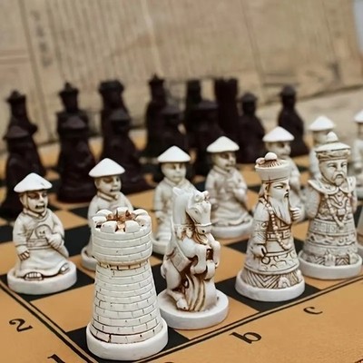 Retro Chess Set 28cm Resin Qing Dynasty Figures Vintage Board Game Collectible