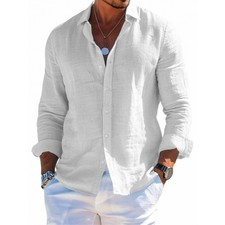 Mens Cotton Linen Beach Shirts Summer Grandad Solid Casual T Shirt Blouse Tops