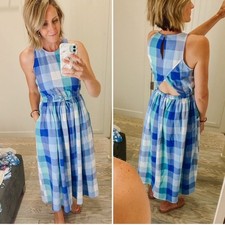 Ann Taylor Green and Blue Plaid Cutout Midi Dress Medium Petite