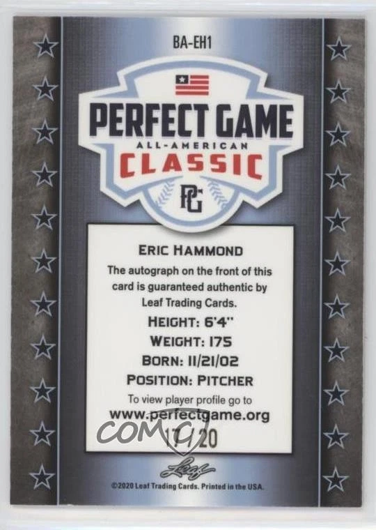 2020 Leaf Perfect Game All-American Classic Metal Pink /20 Eric Hammond Auto - Image 2 of 2