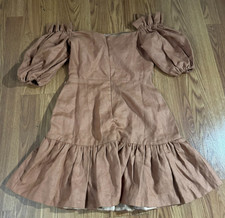 NEW Karina Grimaldi Linen Mini Dress Size XS Brown Ruffle Farm Cottage $305 NWT