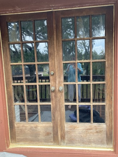French Double Door Wood and Glass Colonial Brown Distressed Patio Full Lite