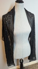 Cejon Sheer Black Sequin Shawl Wrap Scarf Cover Up Floral Design