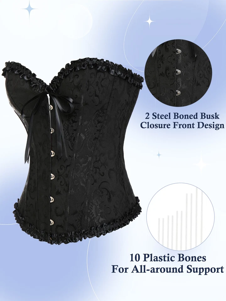 Women Brocade Bustier Overbust & Tutu Skirt Outfits Set Boned Corset Top Lace Up - Image 4 of 4