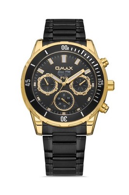 OMAX MEN'S WATCH SEIKO MOVMT, CHRON, GOLD PLTD, BLACK DIAL, BLAC