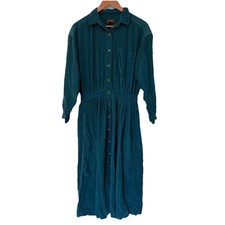 Vtg Eddie Bauer Teal Blue Large Petite Corduroy Button Up Dress Preppy Academia