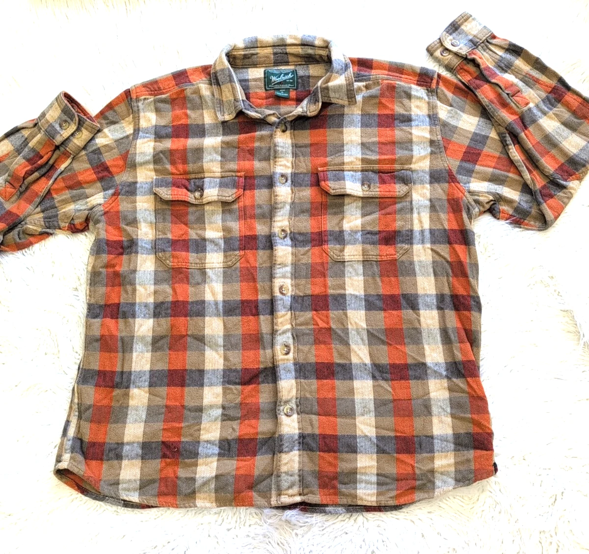 Woolrich Plaid Flannel Long Sleeve Shirt Brown Orange Mens Size XL