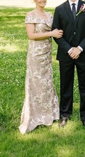 Off-the-Shoulder Floral Brocade Long Formal Gown Dress in Beige Gold size 6