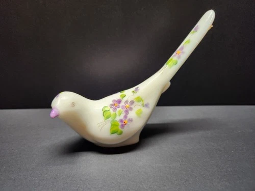 Vintage Fenton Bird Of Happiness Violets In The Snow Hand Painted Milk Glass