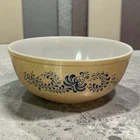 Pyrex Homestead #404 Blue Scroll & Tan Speckled 10" Mixing Bowl Vintage
