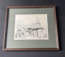 Stampa artistica vintage firmata chiesa di San Nicola, degna West Sussex incorniciata