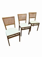 (3) Stakmore Co Folding Chair Sturdy Vtg Wood Tan Vinyl Cane back Padded Seat