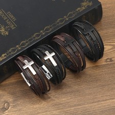 Men's Cross Braided Leather Stainless Steel Bracelet Wristband Cuff Bangle Gift
