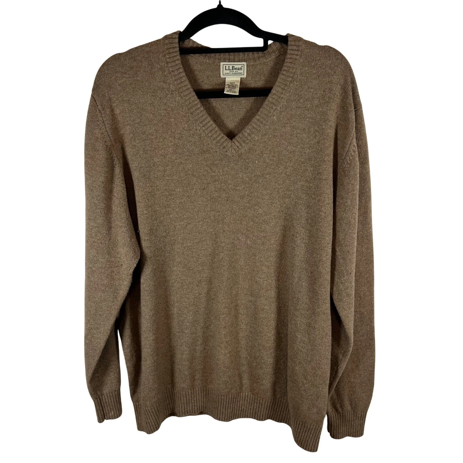 LL Bean Mens V-Neck Sweater Brown Lambswool Blend XL Tall Long Sleeve Vintage