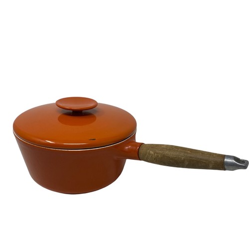 Copco Michael Lax ENAMEL Cast Iron SAUCE POT Pan & LID Orange no Spout 7 3/4"D