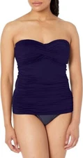 Anne Cole Solid Twist Front Shirred Bandeau Tankini Swim Top, Navy, XS M