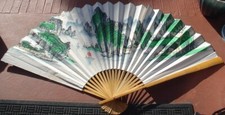 Vintage Bamboo Wall Hanging Large Hand Fan Hand Painted Chinese Mountain Coast
