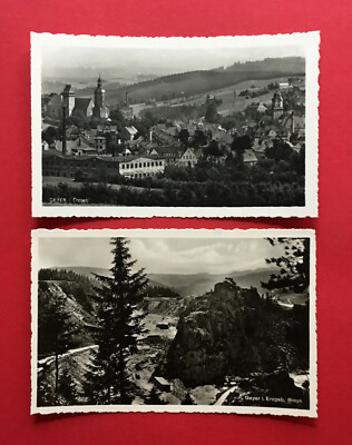 2 x Foto AK GEYER im Erzgebirge um 1930 Ortsansicht mit Kirche und Binge ( 59132