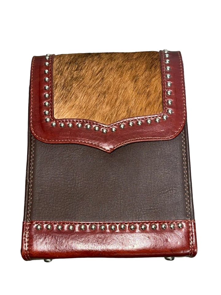 Bolso Bandolera American West Marrón Cuero Genuino Pelo de Animal Tachonado Foto 3 de 4
