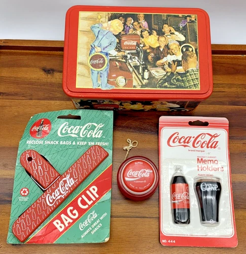 Lot of 4 Vintage 1990s Coca Cola Coke Bag Clip Tin Container YoYo Fridge Magnets