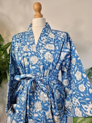 Indian Turquoise Floral Cotton Robe Long Kimono Sleepwear Night Suit Kimono US