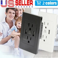US Plug Electrical Outlet Panel Dual USB Wall Charger Port Socket AC Power NEW