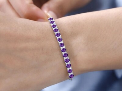 5.00 Ct Oval Cut Lab-Created Birthstone Bolo Tennis Amethyst Bracelet 925 Silver