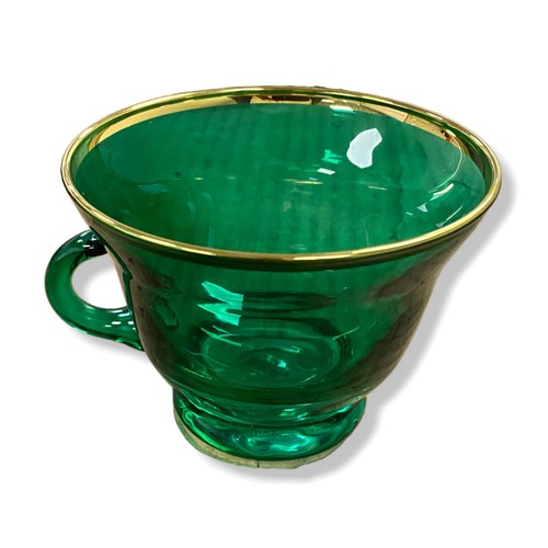 $385 Neiman Marcus Green Gold Hand-Painted Set of 4 Tea Cups & Large Saucer Set - Picture 4 of 8