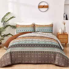 Boho Fall California King Quilt Set, Brown Striped Microfiber Bedspread 3PC