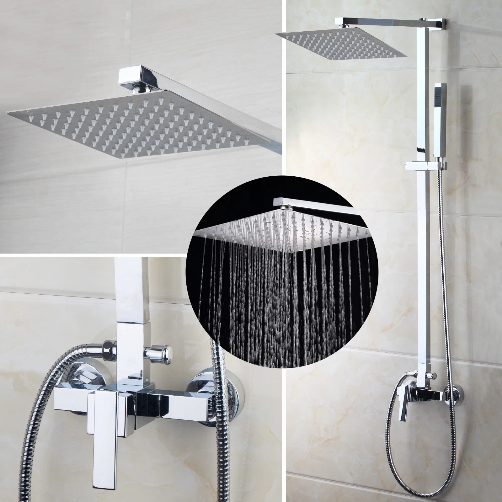 8"Chrome Shower Faucet Set Rainfall Spout Square Head Wall Mount Brass Mixer Tap