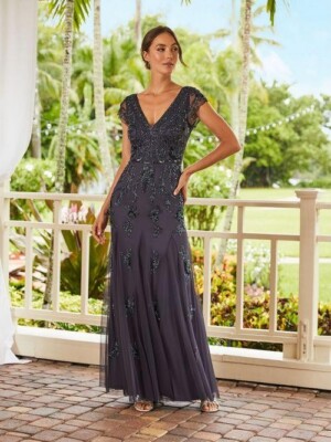 ADRIANNA PAPELL Navy Blue V-Neck Beaded Sequin Embellished Maxi Gown Dress  14  | eBay
