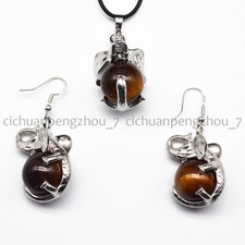 Natural Yellow Tiger's Eye Ball Elephant Pendant Necklace Earrings Jewelry Set