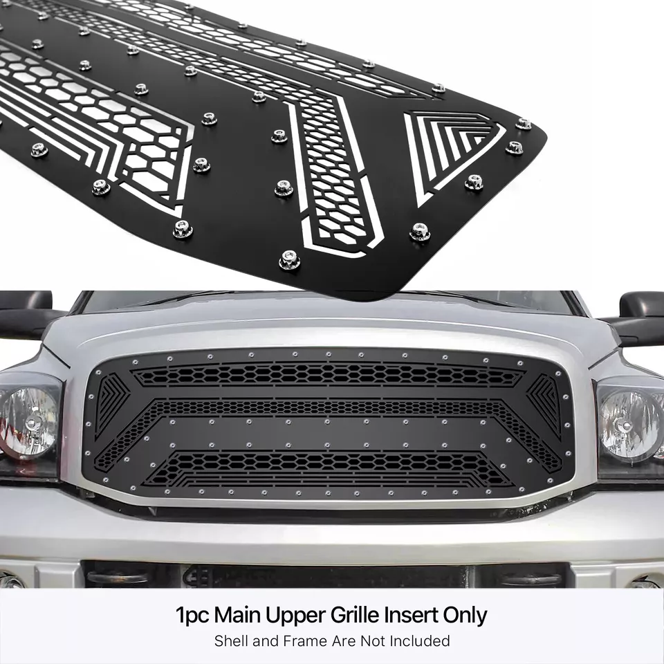 Para Dodge Ram 1500/06-09 2500 2006-2008 Inserto de rejilla superior de acero inoxidable negro Foto 3 de 3