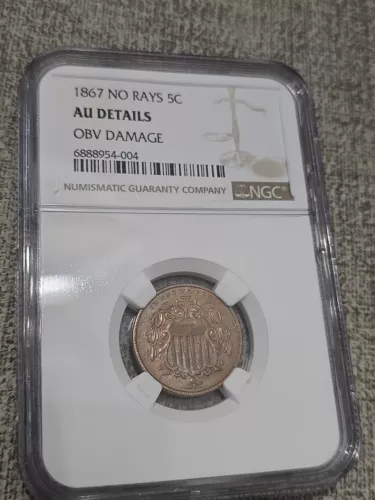 1867 Shield Nickel No Rays NGC Certified AU Details Obv Damage 