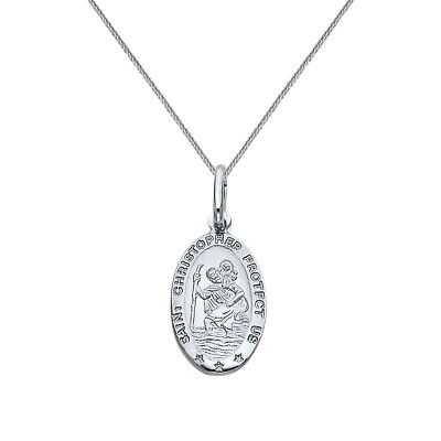 Genuine 14k White Gold 0.70'' Saint Christopher Oval Medal Necklace 16'' to 22''