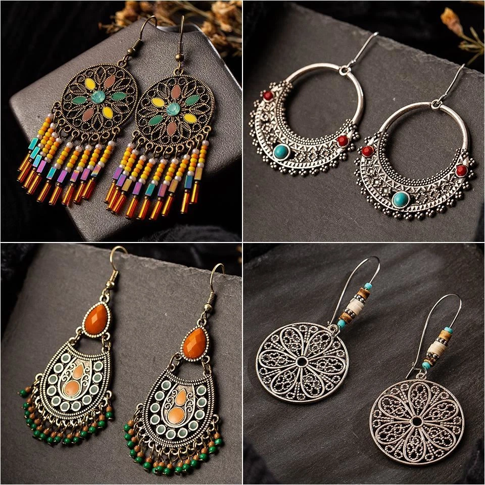 Pair Women Fashion Multiple Vintage Ethnic Dangle Drop Earrings