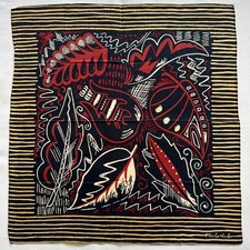 VTG Handkerchief Cotton Print Abstract Leaf Border Horizontal Striped Hanky 17"