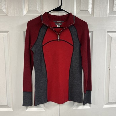 VINTAGE Eddie Bauer Sweater Womens SP Red Colorblock Merino Wool 1/4 Zip