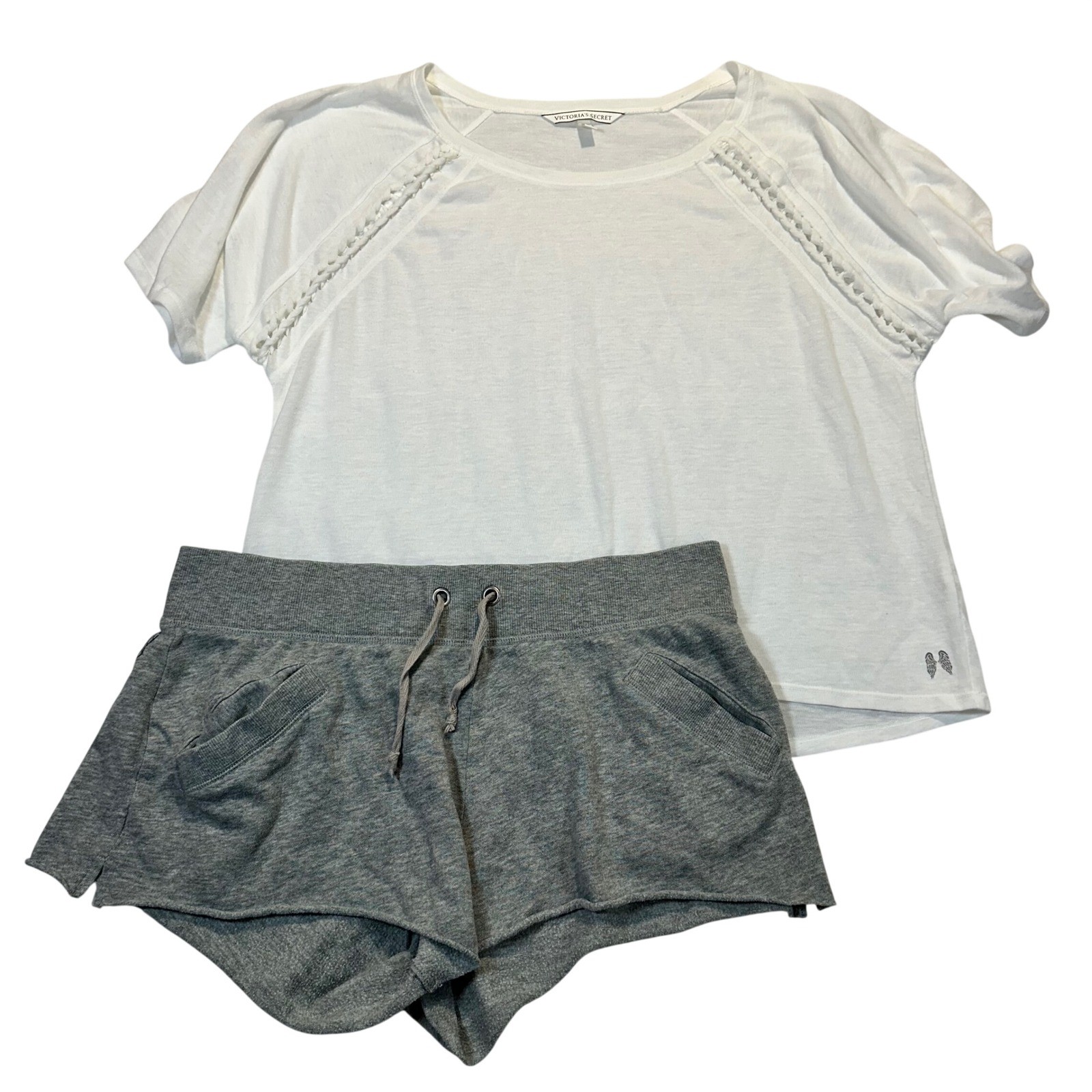 Victoria's Secret Shorts Pajama Set Women Medium White Gray Lounge Angel Wings