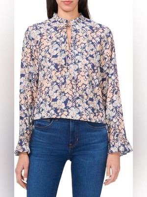 CeCe Floral Tie High Neck Long Sleeve Top Size M