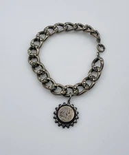 Antique English Victorian Repousse Sterling Silver Hollow Link Charm Bracelet