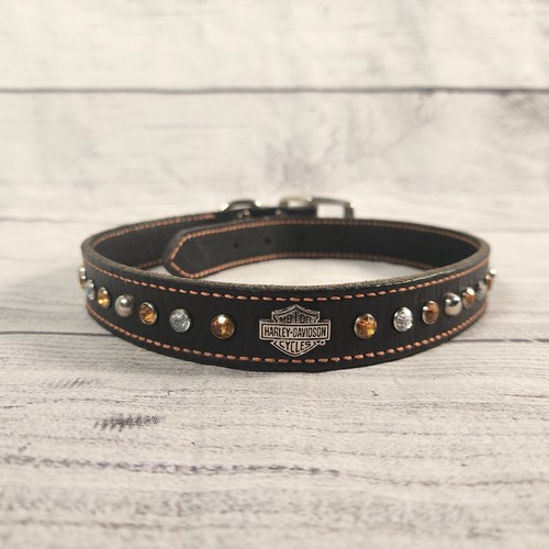 Harley Davidson Black Leather Dog Collar Crystal Studded Bar Shield Logo 24in