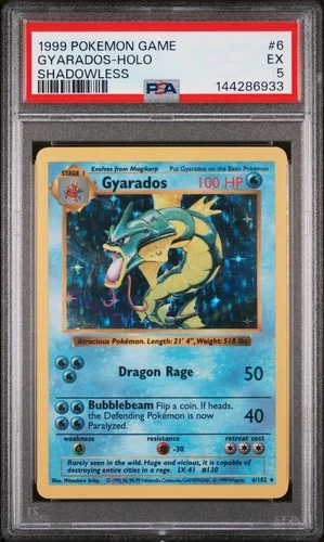 1999 POKEMON BASE SET SHADOWLESS #6 GYARADOS-HOLO PSA 5