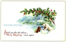 Antique Postcard Christmas Scene Holly and Polar Bears 1910s