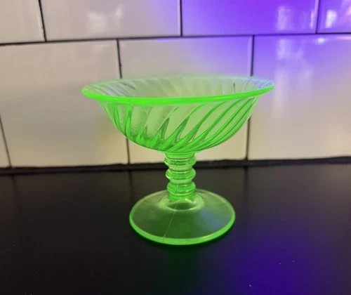 Vintage Green Uranium Depression Glass Imperial Twisted Optic Sherbet Dish