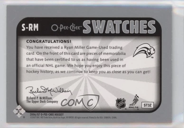 2006-07 O-Pee-Chee Swatches Ryan Miller #S-RM - Image 2 of 2