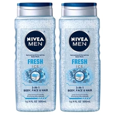 2 NIVEA MEN FRESH ICE 3 IN 1 BODY FACE HAIR BODY WASH 16.9 FL OZ New (2 PACK)
