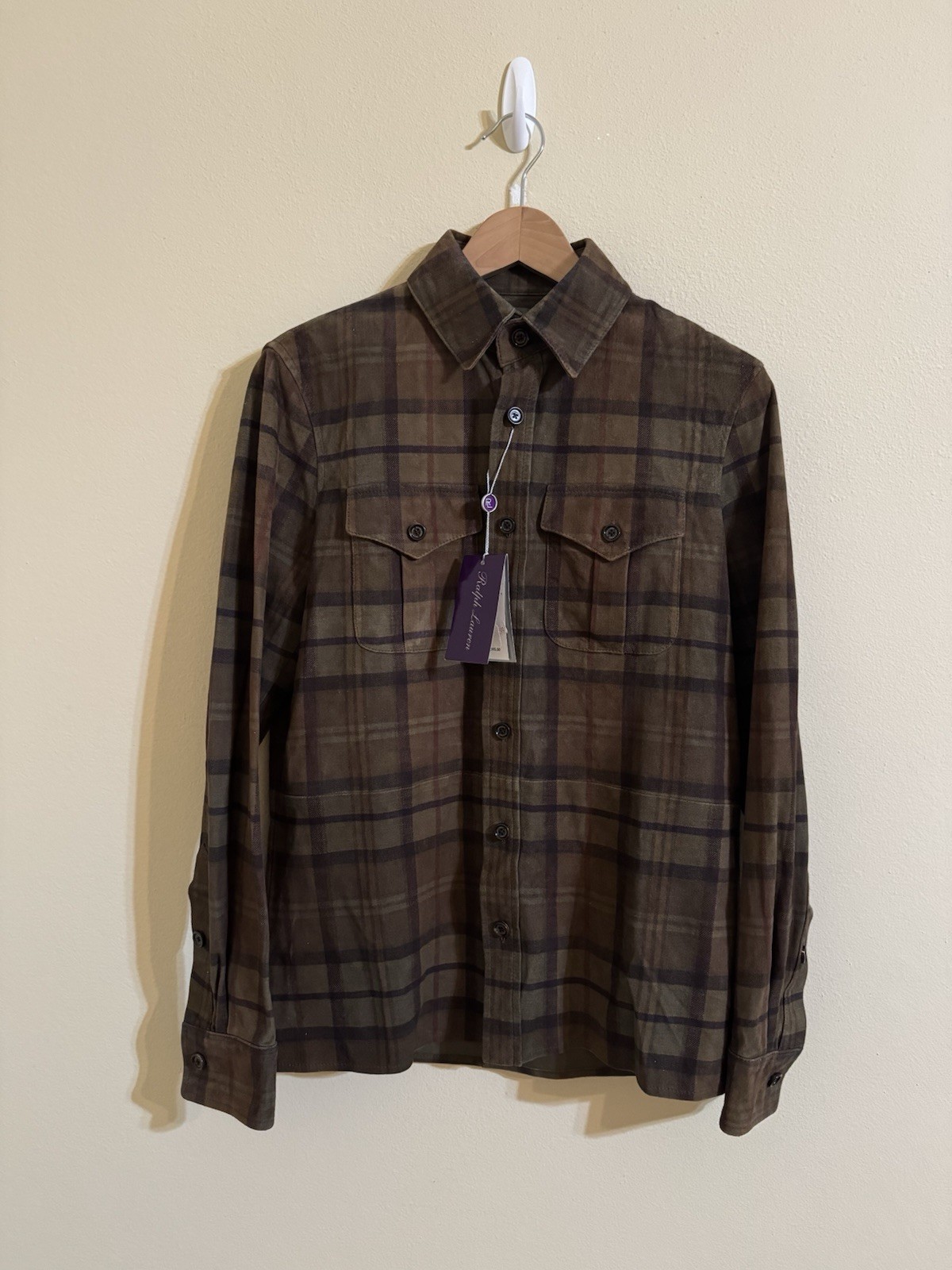 Ralph Lauren Purple Label Suede Overshirt Button Shirt Leather Plaid Green XS