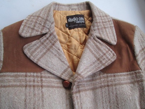 VTG Campus Studio One Plaid Flannel sport jacket Field Coat Leather Wool 40 Men - Picture 3 of 17