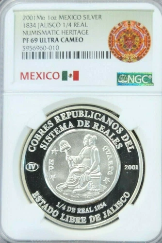 2001 MEXICO SILVER 1834 JALISCO 1/4 REAL NGC PF 69 ULTRA CAMEO EXTREMELY RARE